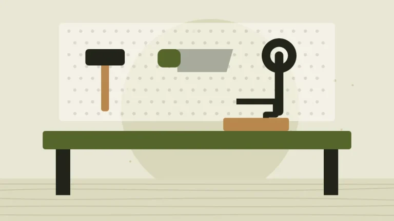 Illustration of a workbench with tools on a pegboard