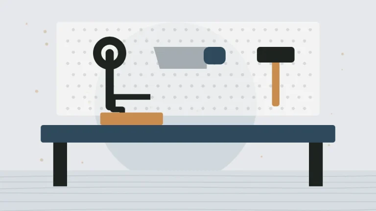 Illustration of a workbench with tools on a pegboard