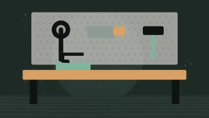 Illustration of a workbench with tools on a pegboard