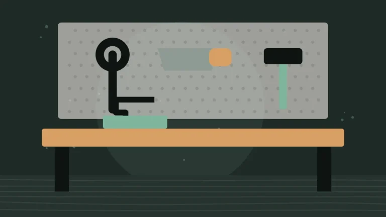 Illustration of a workbench with tools on a pegboard