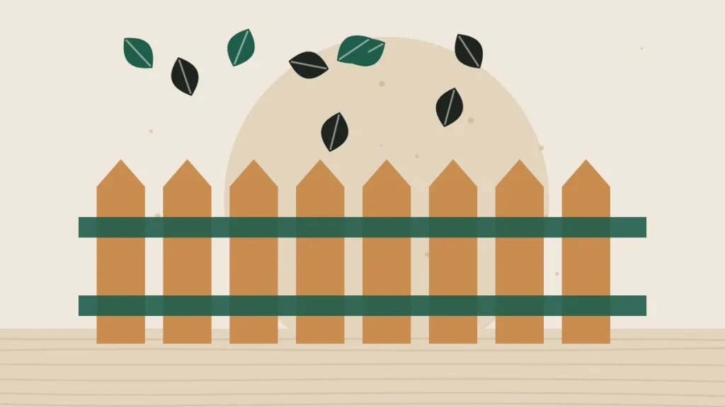 Illustration of a wooden fence with falling leaves