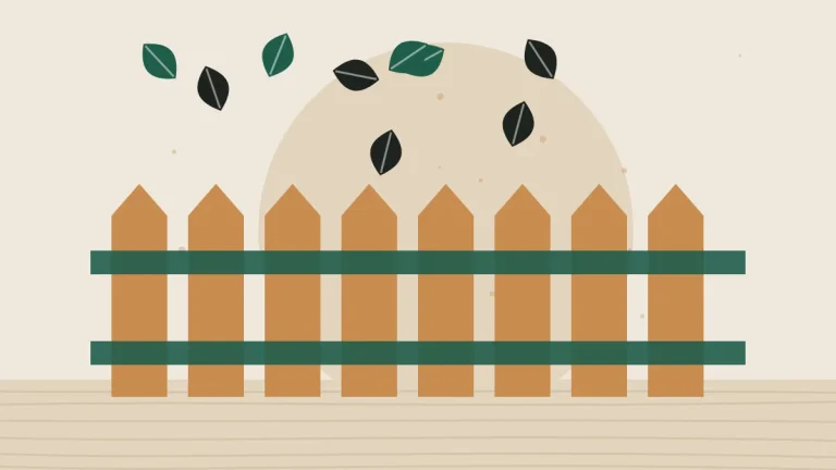 Illustration of a wooden fence with falling leaves