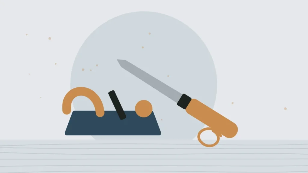 Illustration of a chisel and a hand plane with wood shavings
