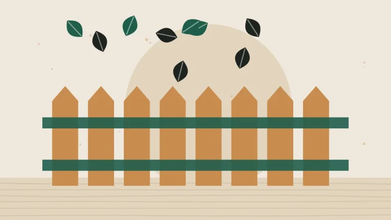 Illustration of a wooden fence with falling leaves
