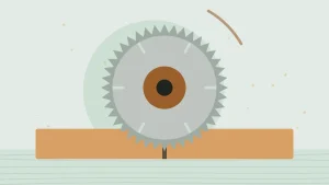 Illustration of a circular saw blade cutting a board