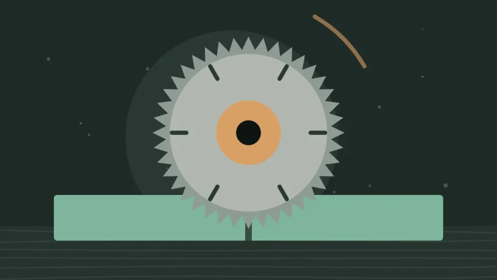 Illustration of a circular saw blade cutting a board