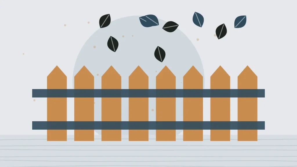 Illustration of a wooden fence with falling leaves