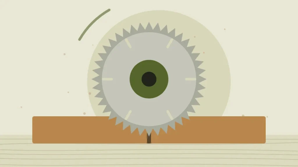 Illustration of a circular saw blade cutting a board