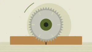 Illustration of a circular saw blade cutting a board